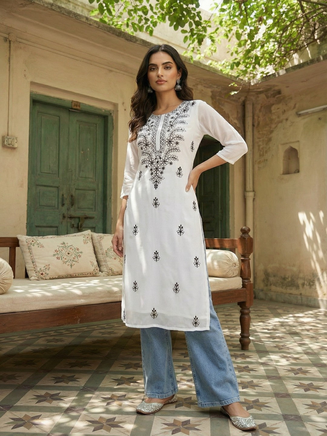 Janasya Women's White Georgette Embroidered Straight Kurta