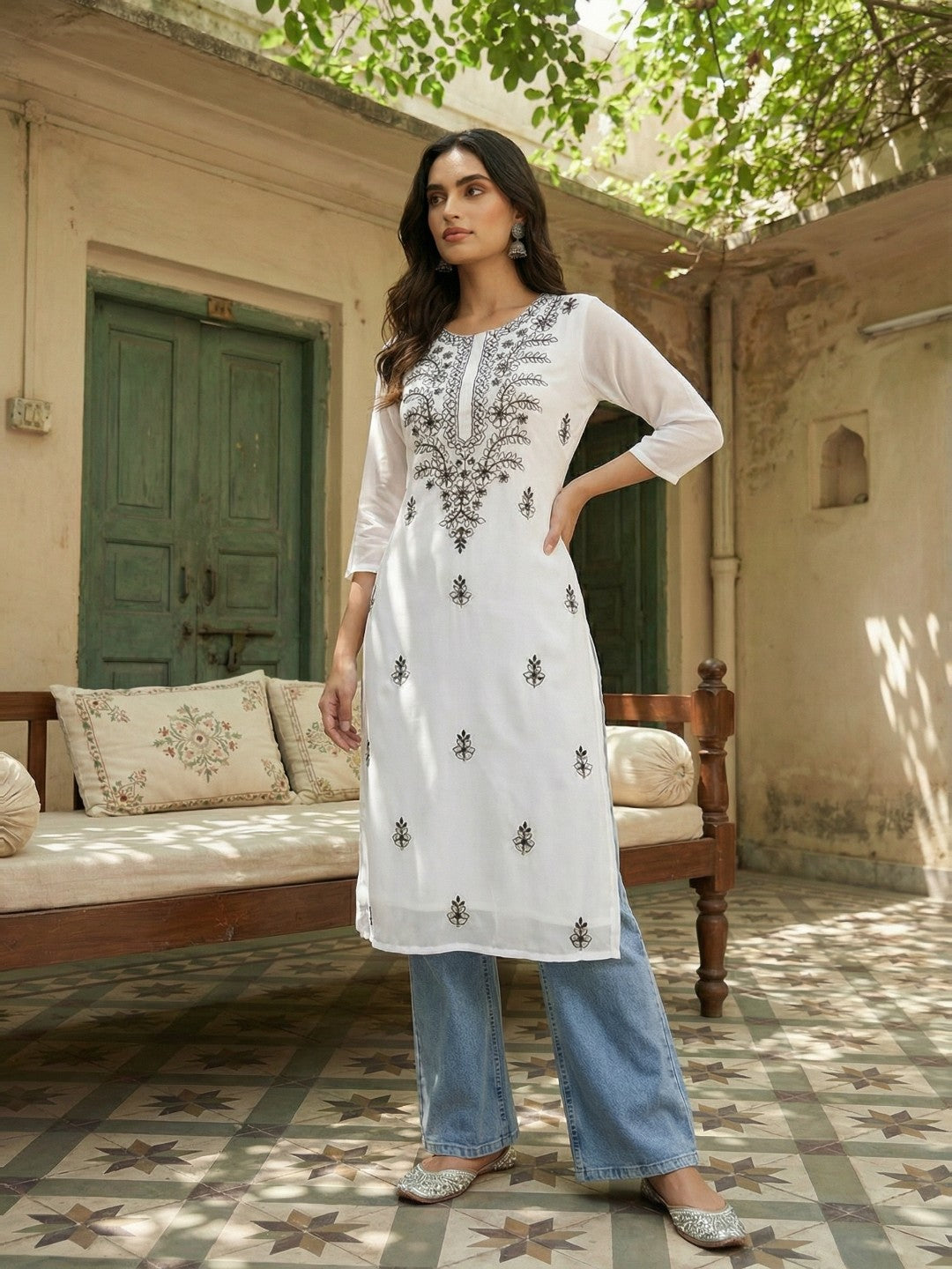 Janasya Women's White Georgette Embroidered Straight Kurta
