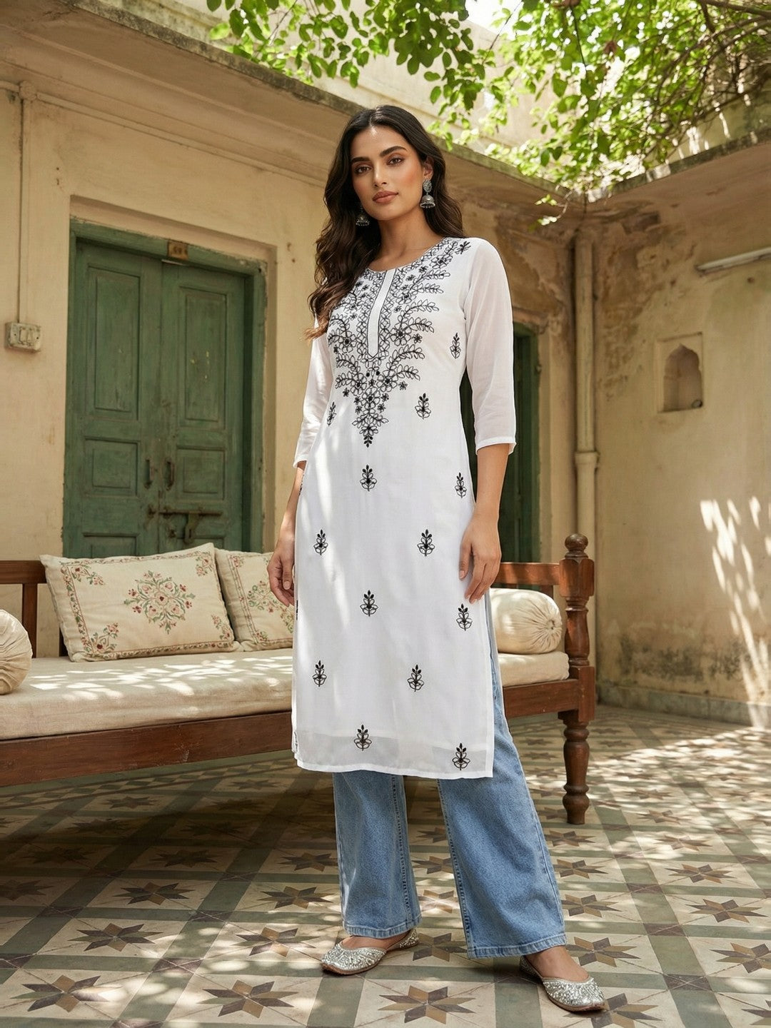 Janasya Women's White Georgette Embroidered Straight Kurta