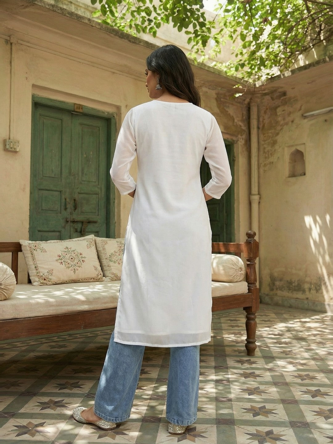 Janasya Women's White Georgette Embroidered Straight Kurta