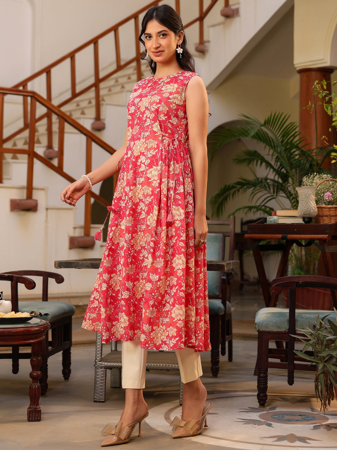 Pink Pure Cotton Floral Printed A-line Kurta