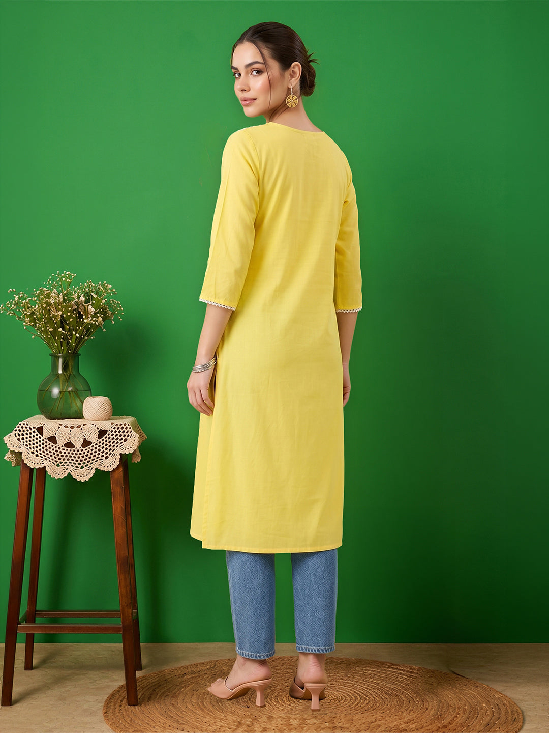 Janasya Women's Yellow Pure Cotton Yoke Embroidered A-Line Kurta