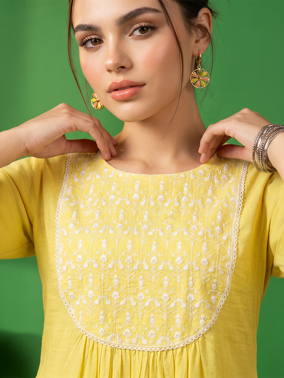 Janasya Women's Yellow Pure Cotton Yoke Embroidered A-Line Kurta
