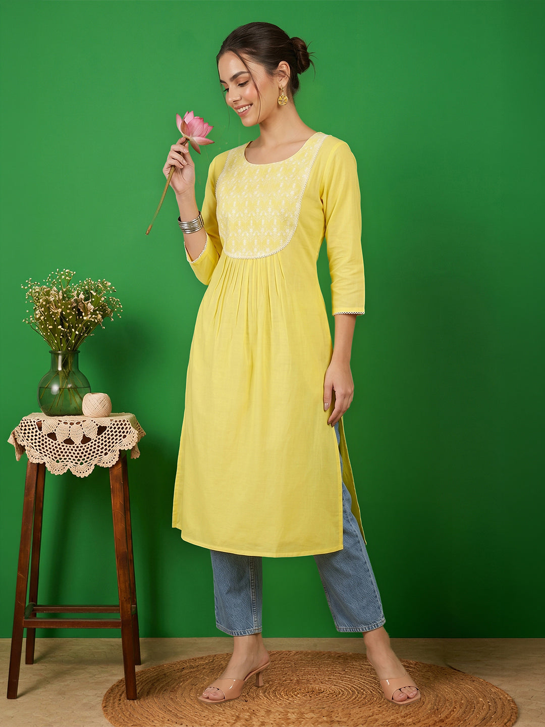 Janasya Women's Yellow Pure Cotton Yoke Embroidered A-Line Kurta