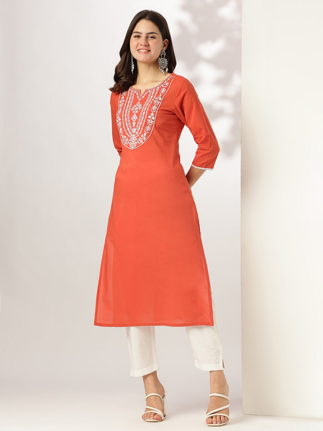 Janasya Women's Rust Pure Cotton Yoke Embroidered Straight Kurta