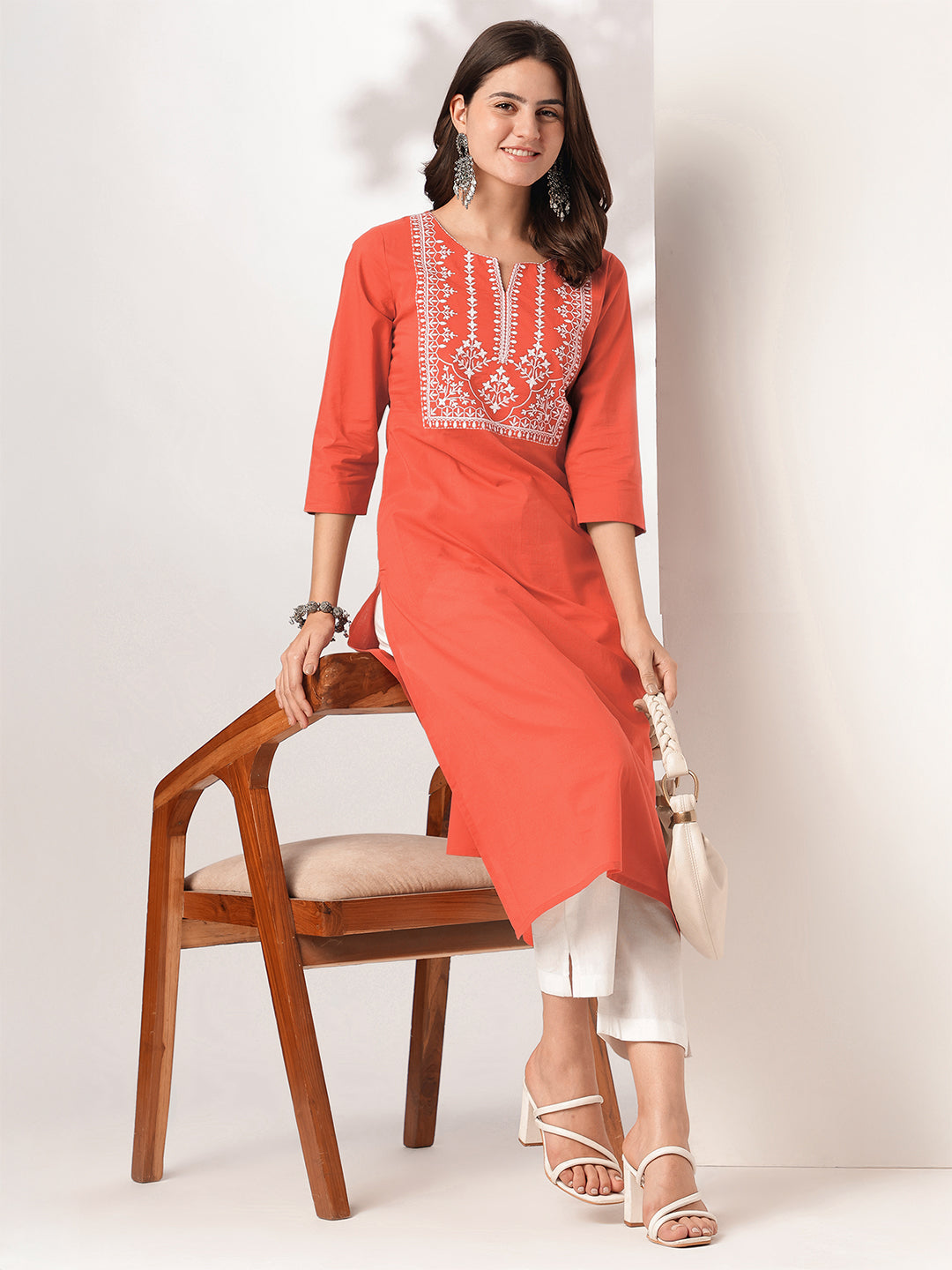 Janasya Women's Rust Pure Cotton Yoke Embroidered Straight Kurta