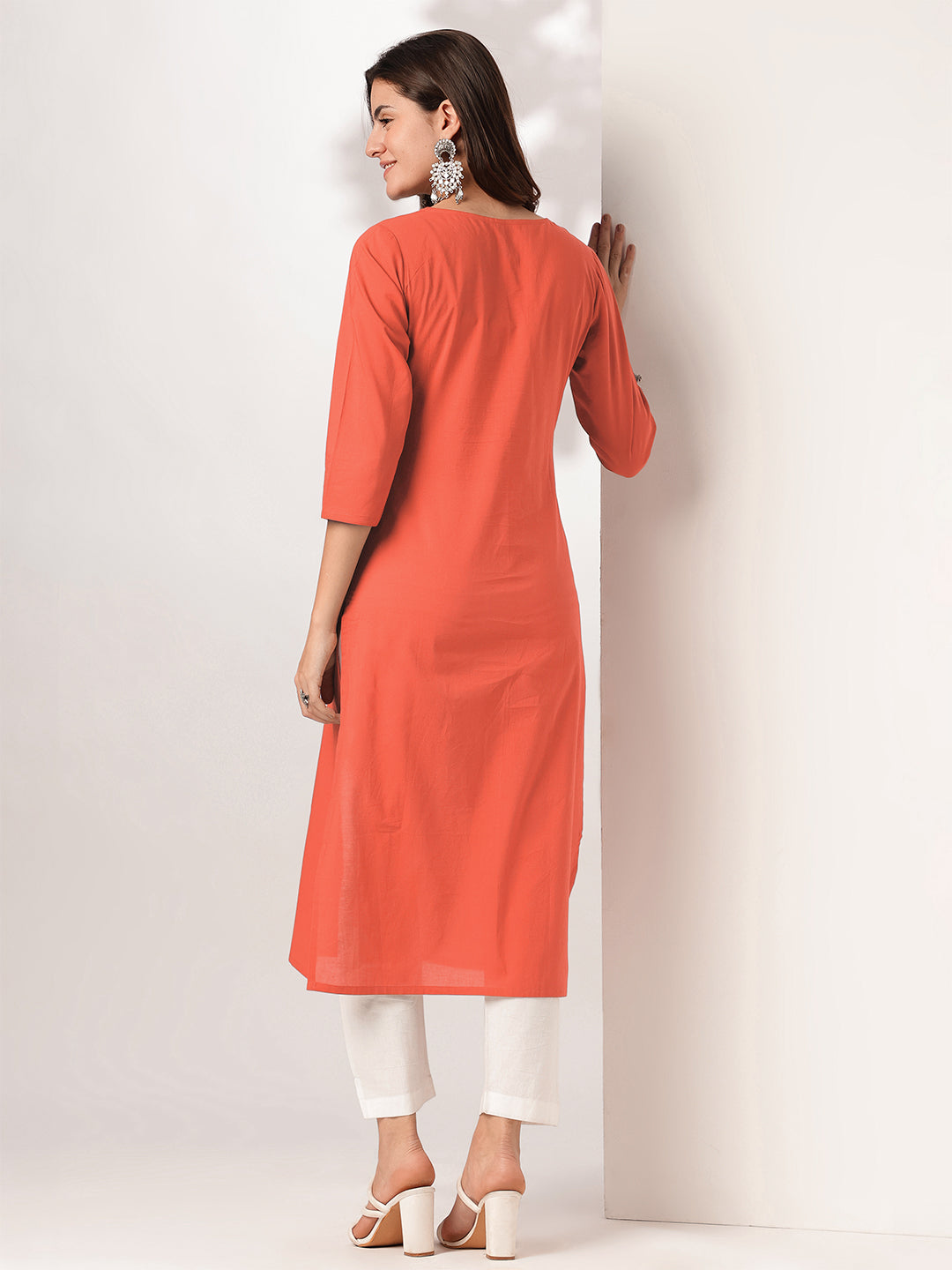 Janasya Women's Rust Pure Cotton Yoke Embroidered Straight Kurta