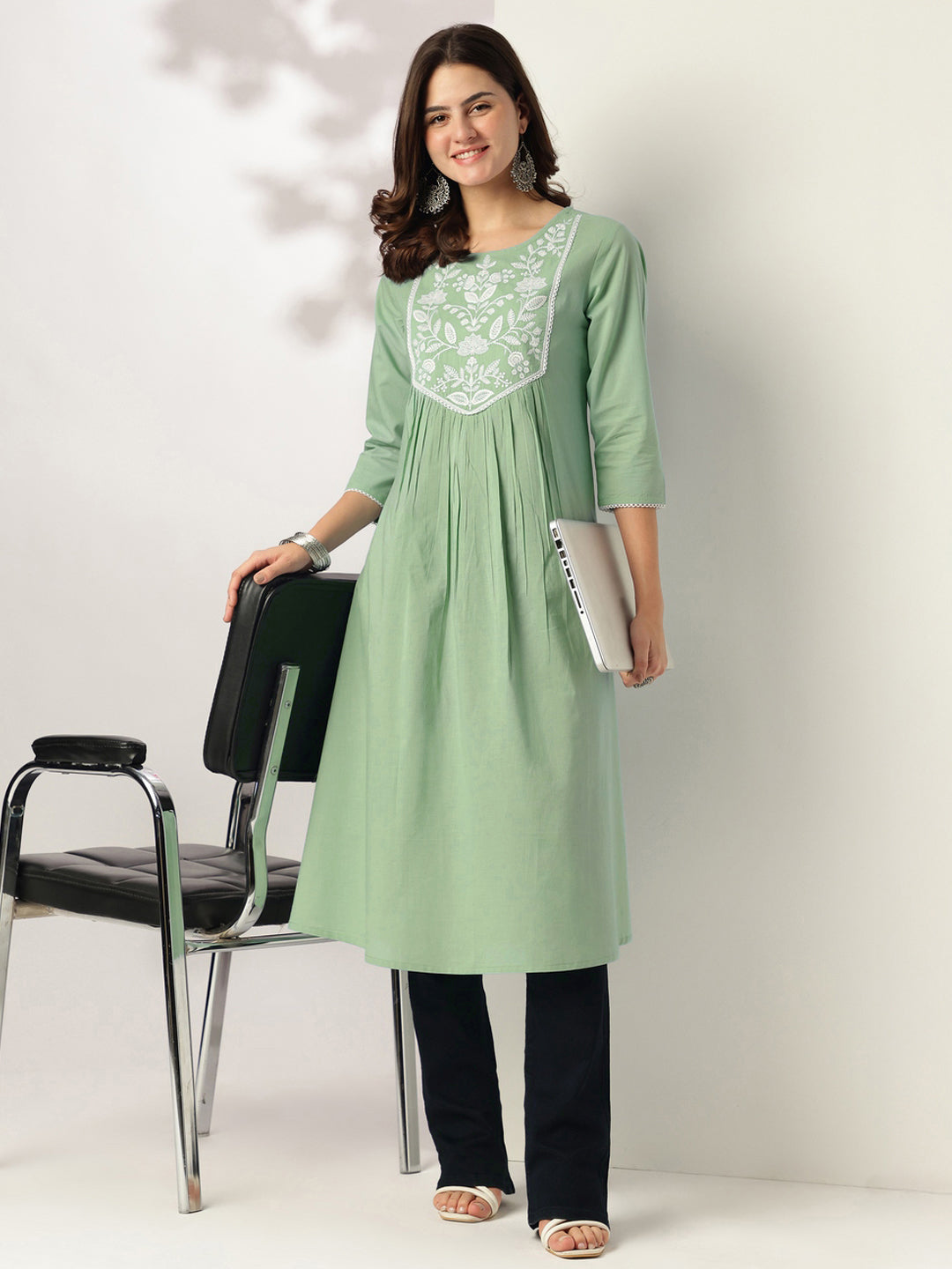 Janasya Women's Light Green Pure Cotton Yoke Embroidery A-line Kurta