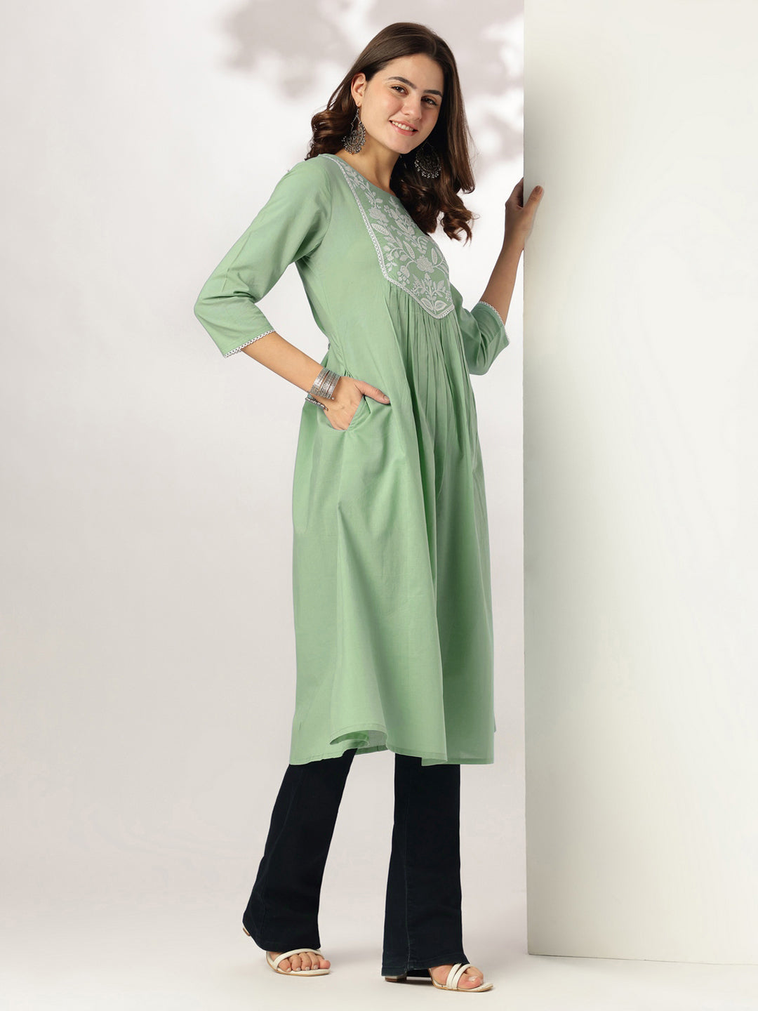 Janasya Women's Light Green Pure Cotton Yoke Embroidery A-line Kurta
