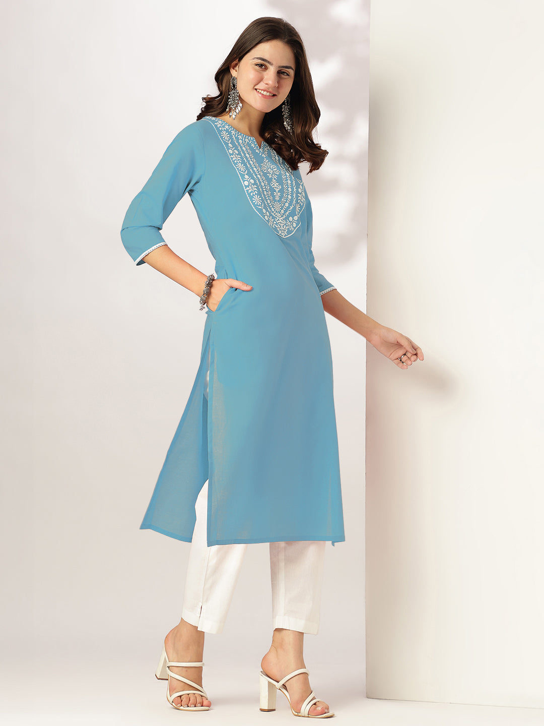 Janasya Women's Light Blue Pure Cotton Yoke Embroidered Straight Kurta
