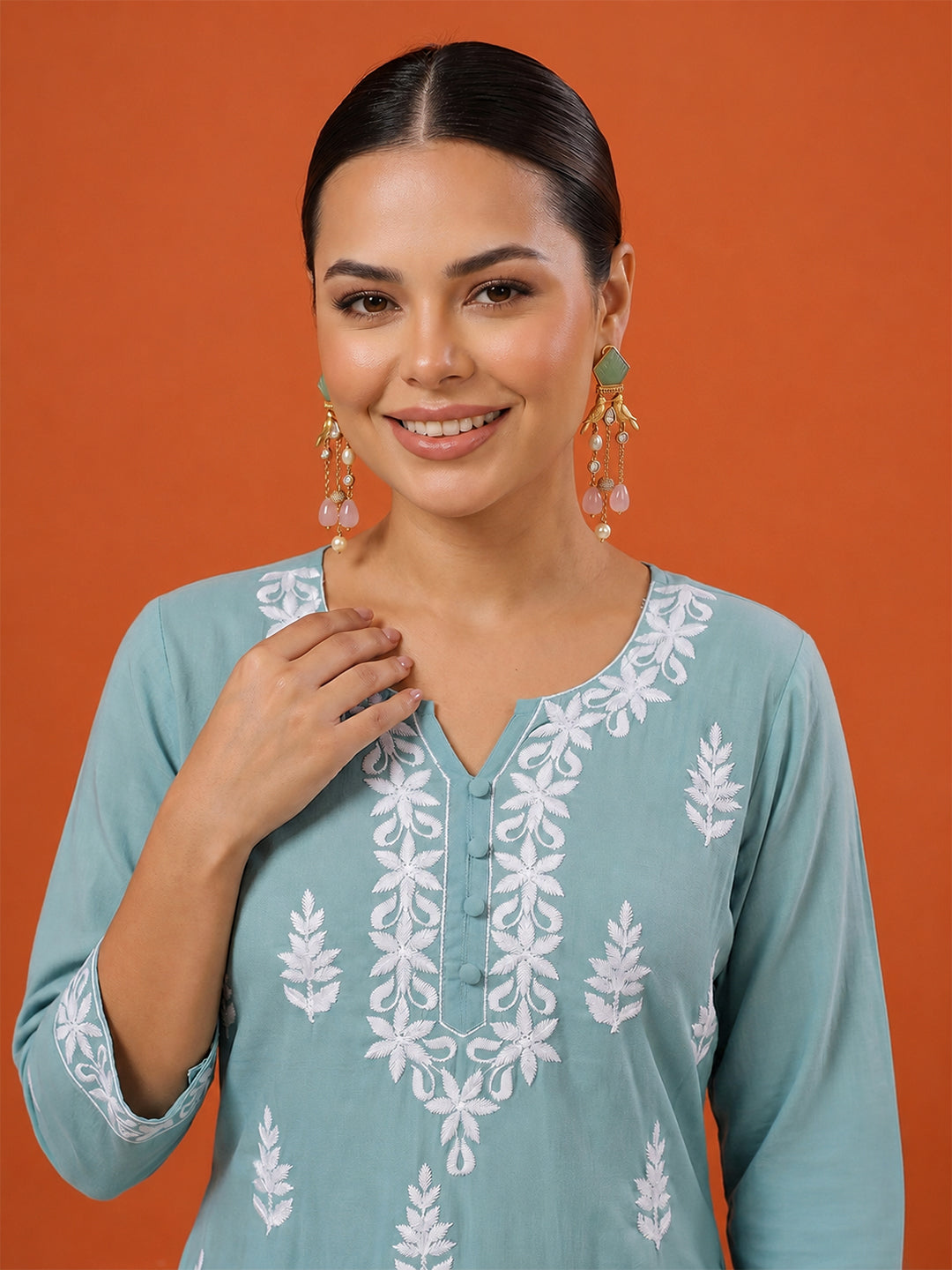 Janasya Women's Light Blue Pure Cotton Embroidered Straight Kurta