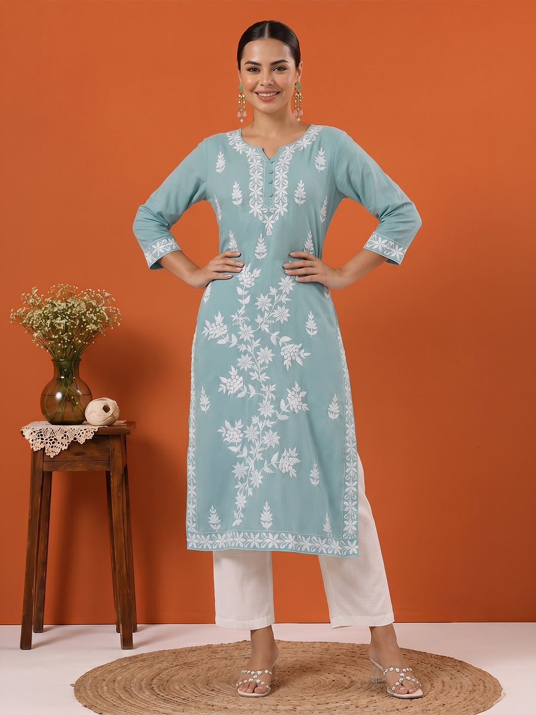 Janasya Women's Light Blue Pure Cotton Embroidered Straight Kurta