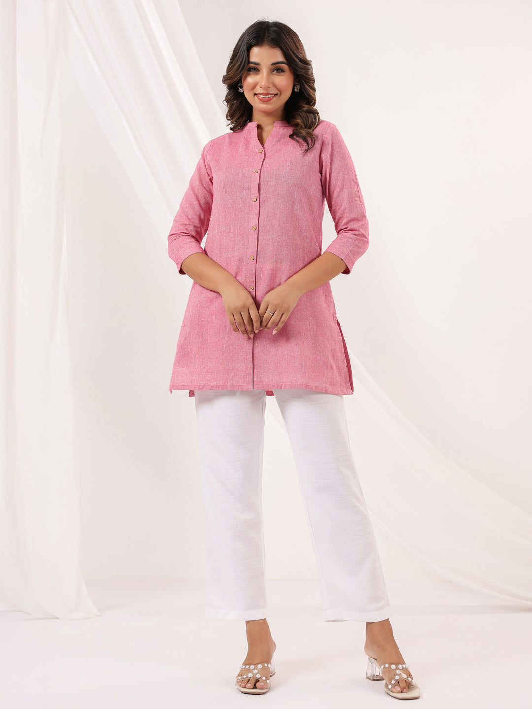 Janasya Women's Pink Cotton Solid Straight Short Kurti