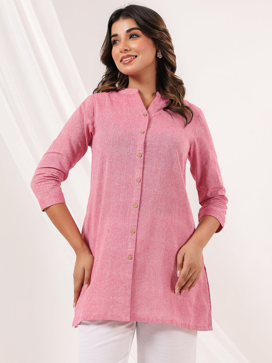 Janasya Women's Pink Cotton Solid Straight Short Kurti