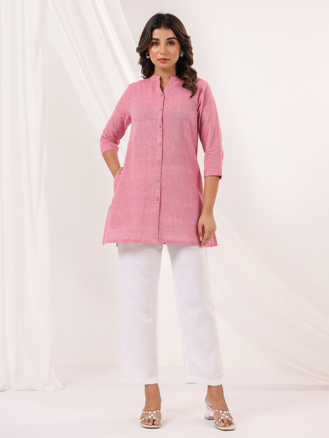 Janasya Women's Pink Cotton Solid Straight Short Kurti