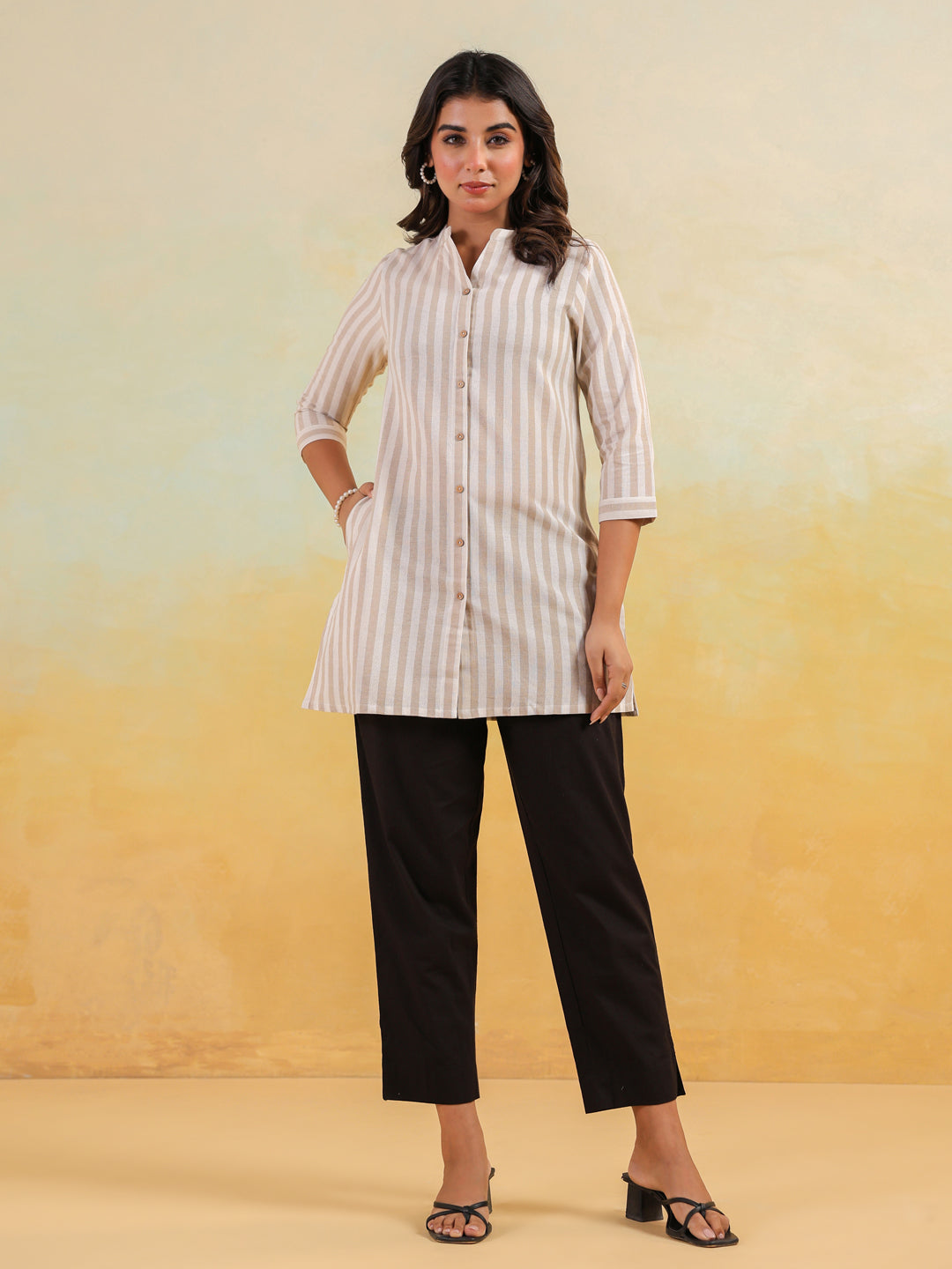 Janasya Women's Beige Cotton Striped Straight Short Kurti
