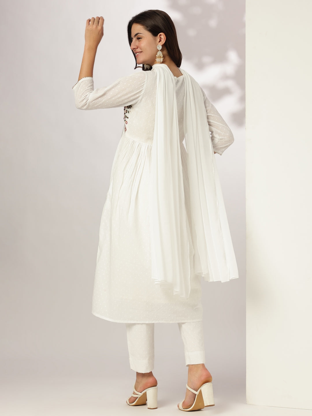 Janasya Women's White Dobby Pure Cotton Embroidered A-line Kurta Set