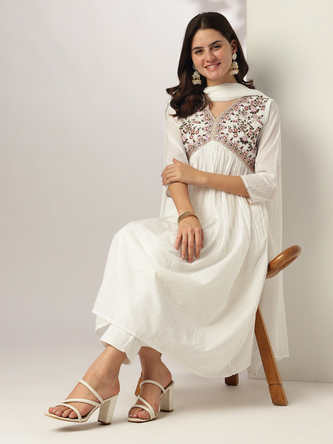 Janasya Women's White Dobby Pure Cotton Embroidered A-line Kurta Set