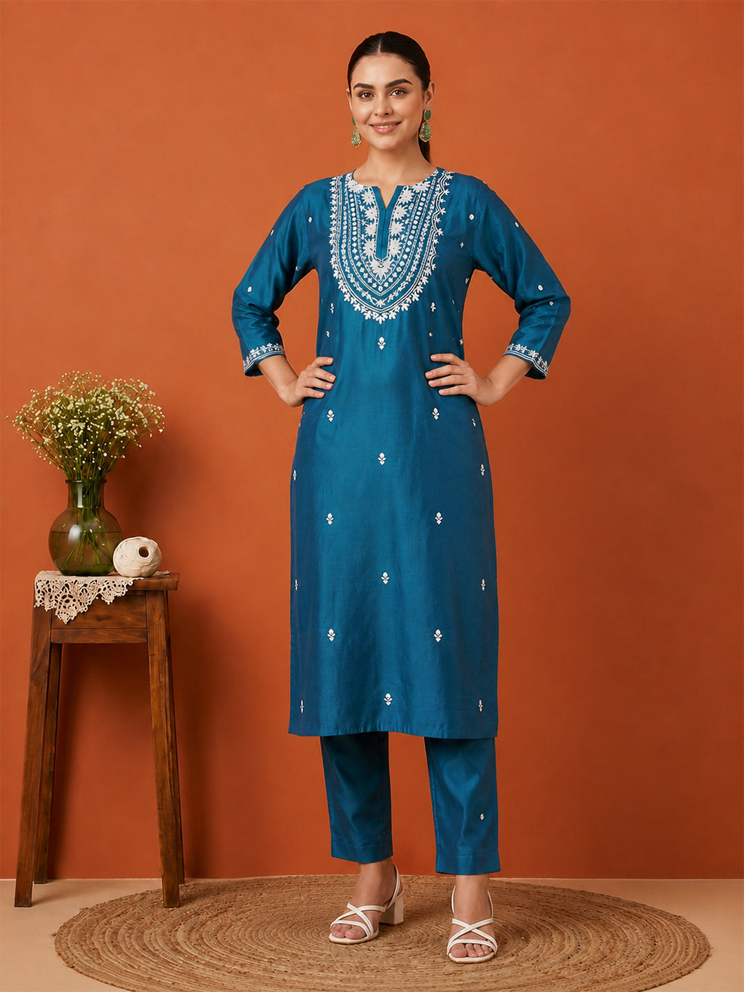 Janasya Women's Teal Blue Silk Blend Embroidered Straight Kurta Set