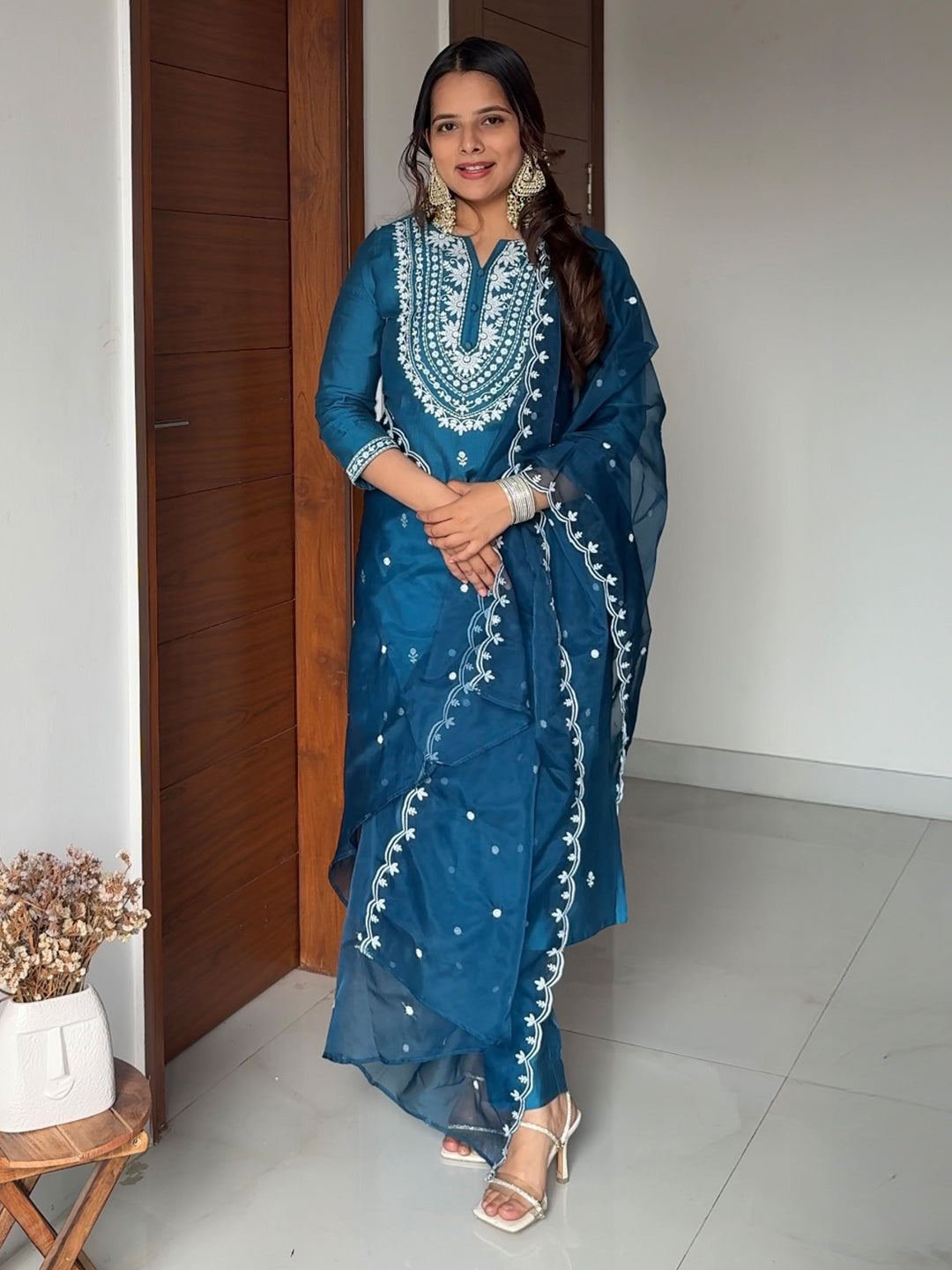 Teal Blue Silk Blend Embroidered Straight Kurta Set