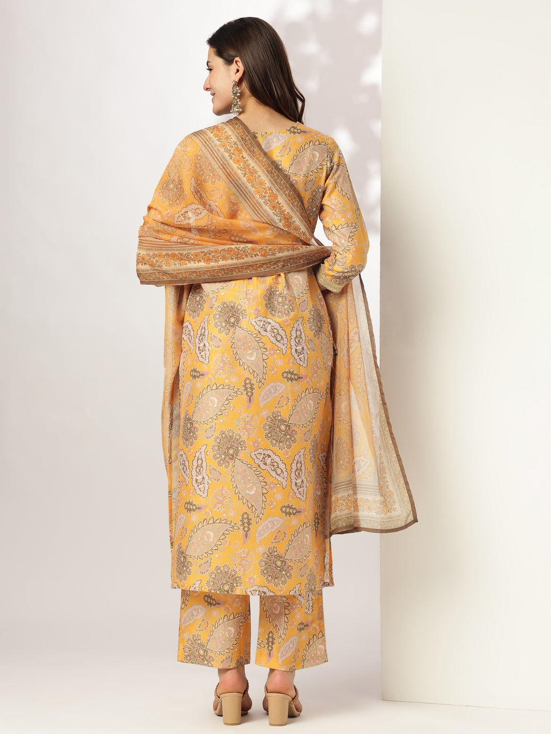 Mustard Silk Blend Floral Printed Straight Kurta Set