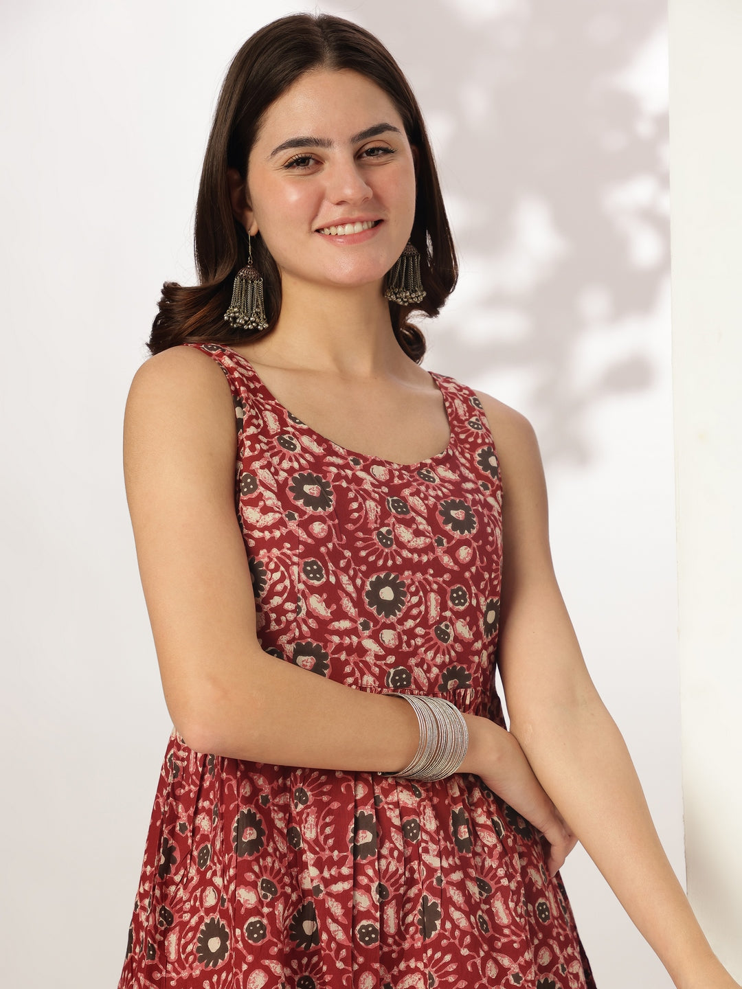 Maroon Pure Cotton Floral Printed Tiered Kurta Set
