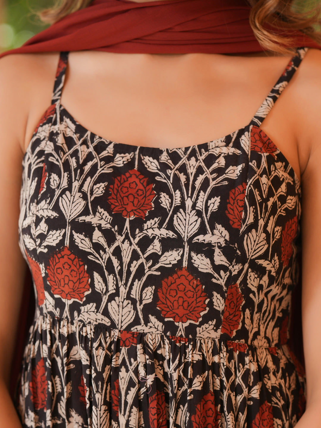 Black Pure Cotton Floral Printed Tiered Kurta Set