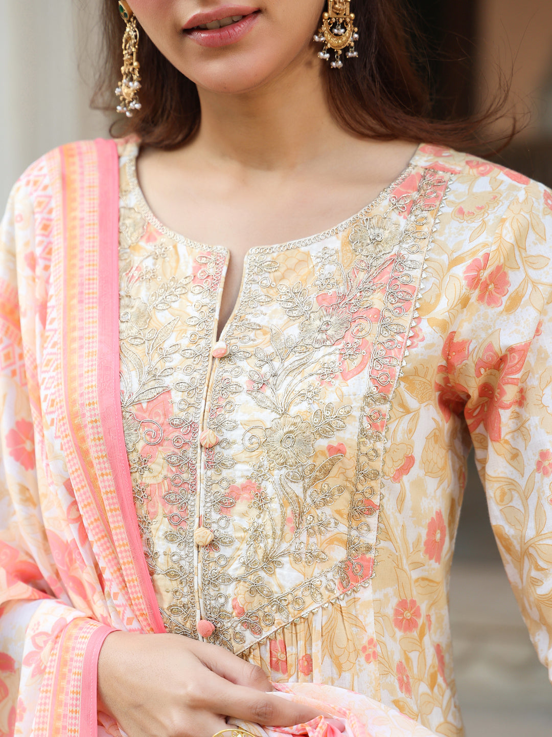 Janasya Women's Cream Pure Cotton Floral Printed Yoke Embroidered A-line Kurta Set