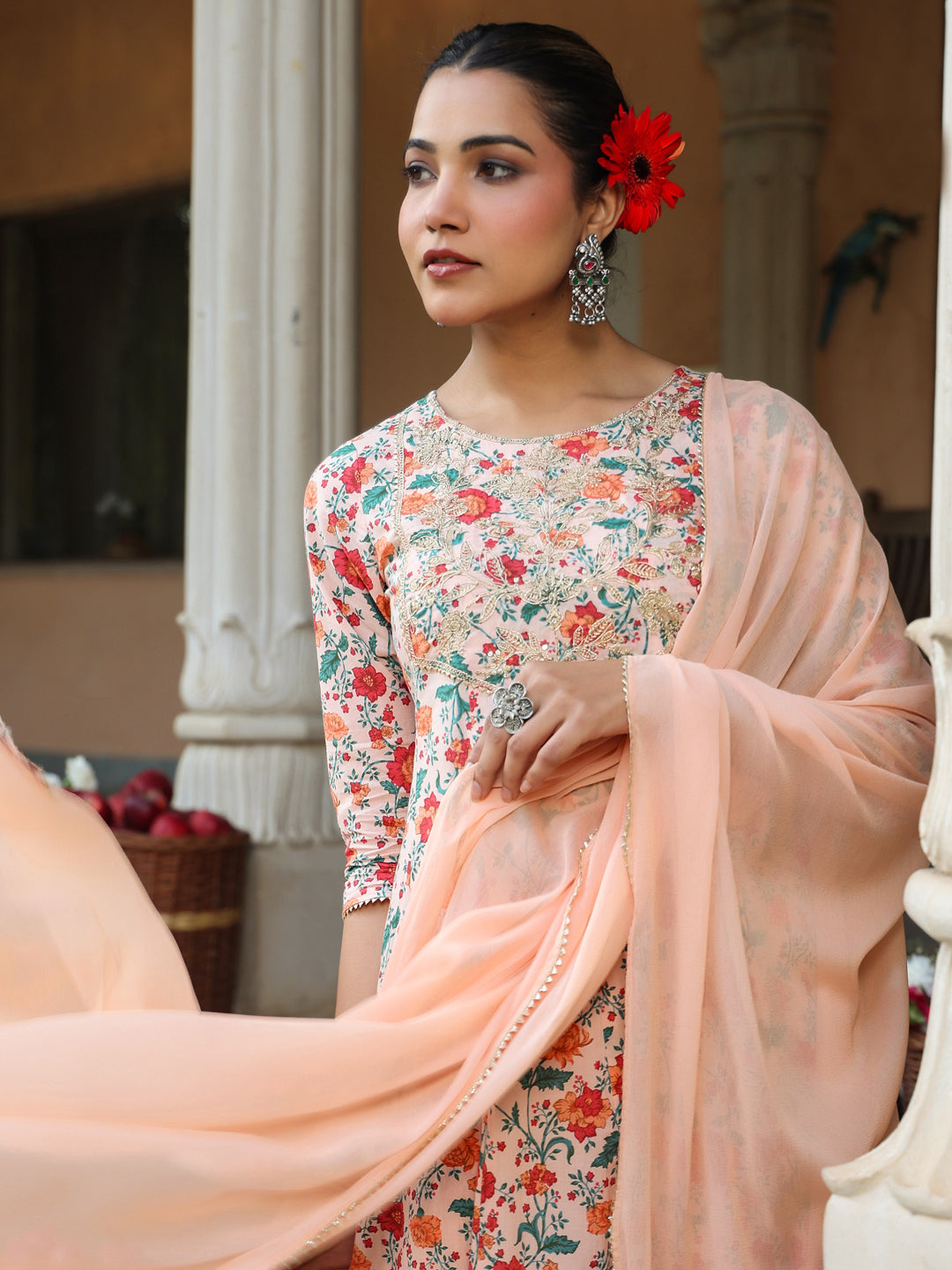 Janasya Women's Peach Pure Cotton Floral Printed Yoke Embroidered Anarkali Kurta Set