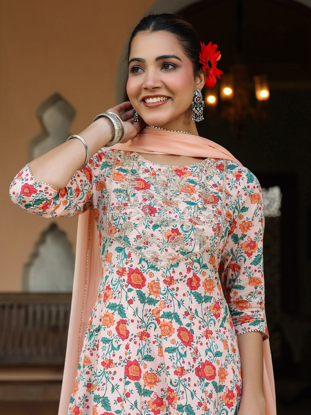 Janasya Women's Peach Pure Cotton Floral Printed Yoke Embroidered Anarkali Kurta Set
