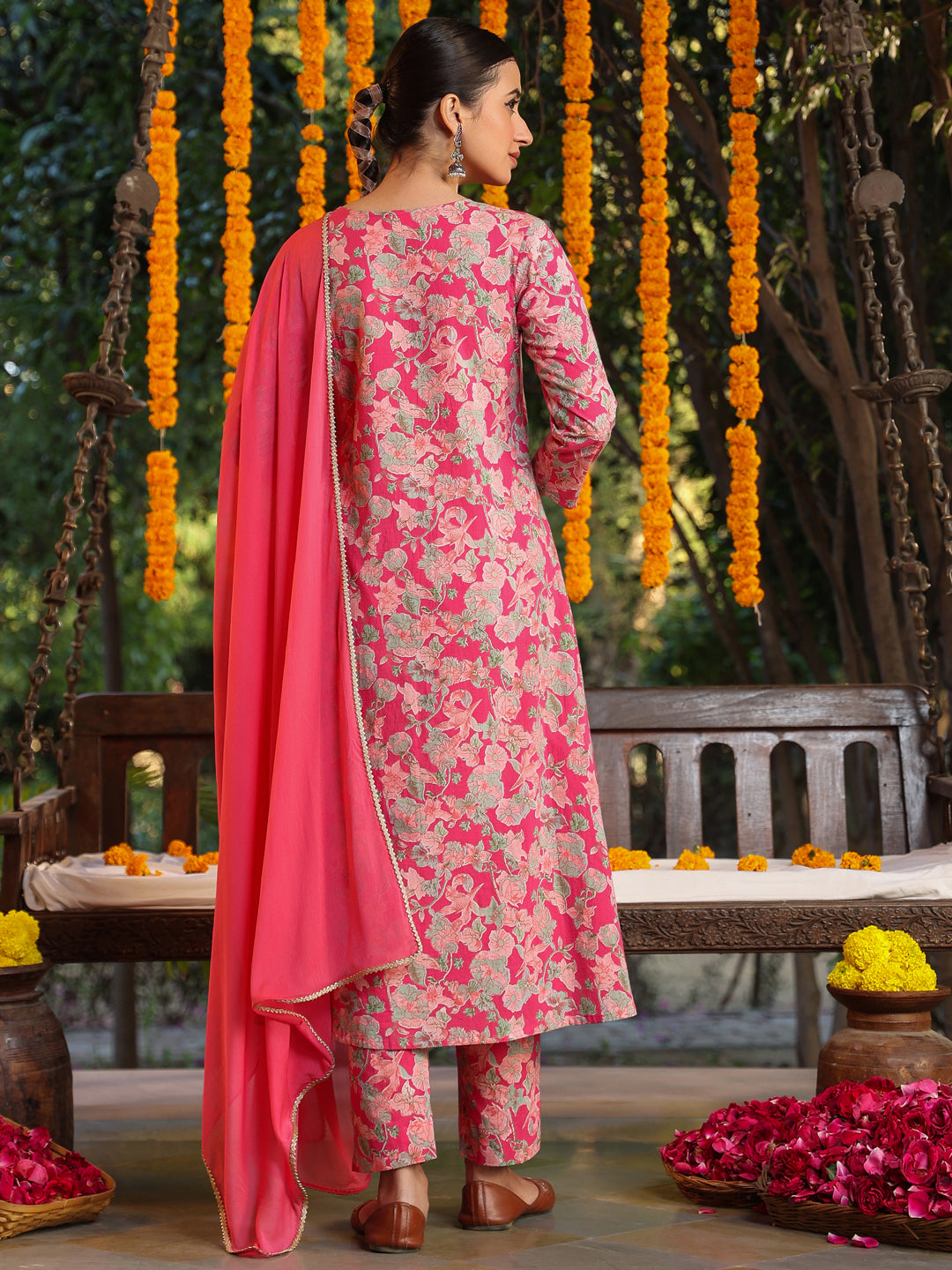 Janasya Women's Pink Pure Cotton Yoke Embroidered Floral Printed A-line Kurta Set