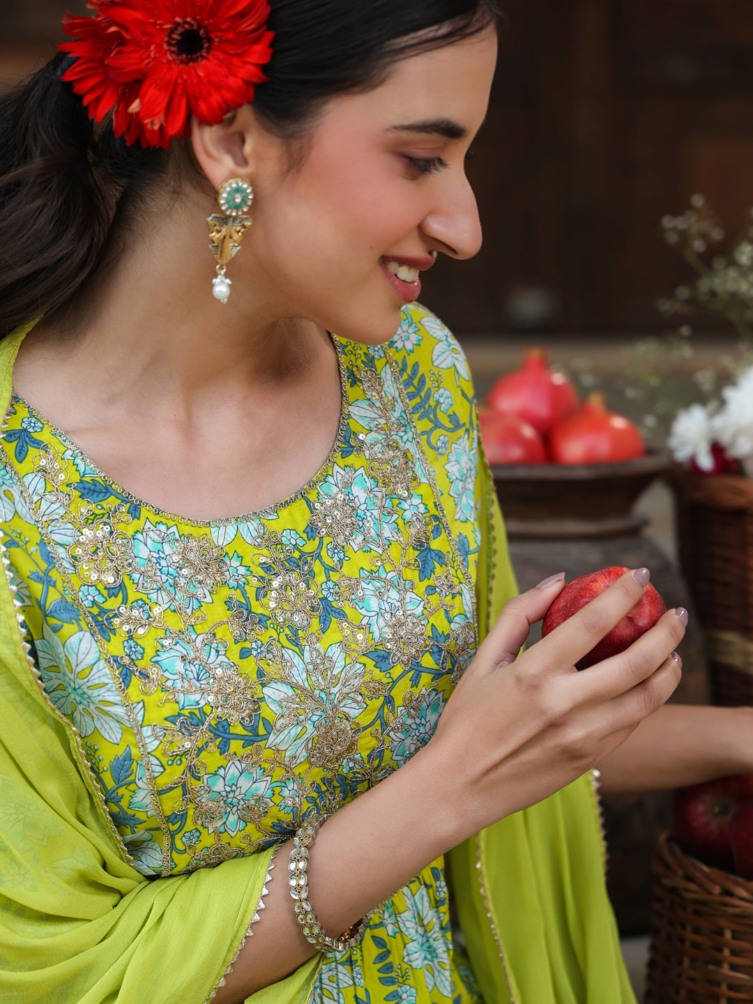Janasya Women's Lime Green Pure Cotton Floral Printed Yoke Design A-line Kurta Set