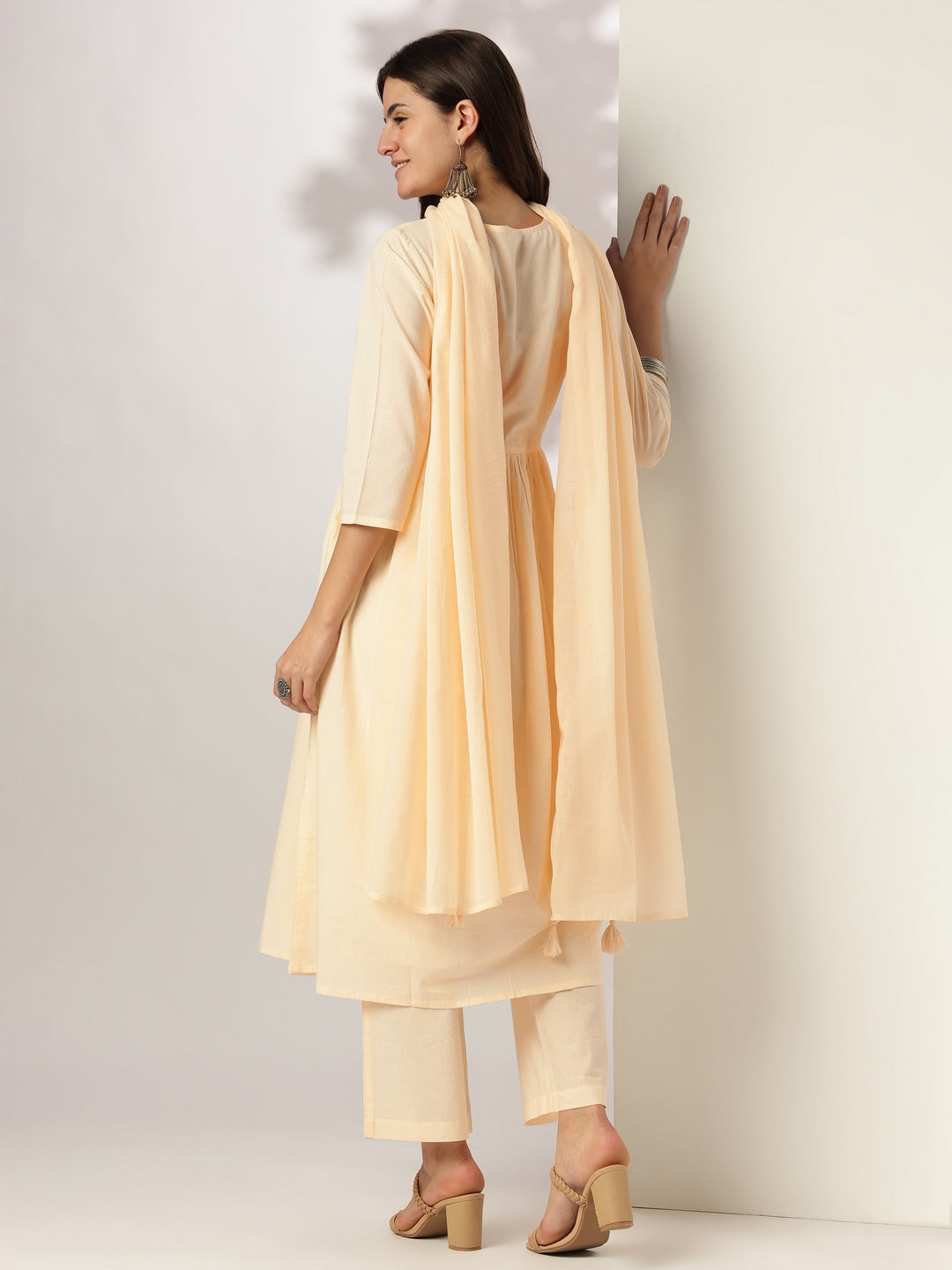 Janasya Women's Cream Pure Cotton Yoke Embroidered A-line Kurta Set