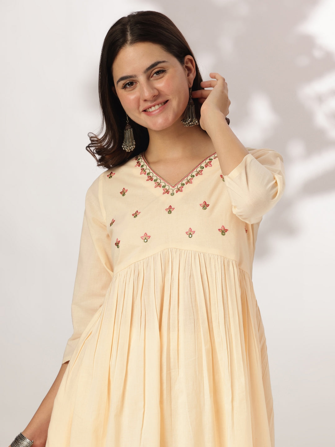 Janasya Women's Cream Pure Cotton Yoke Embroidered A-line Kurta Set
