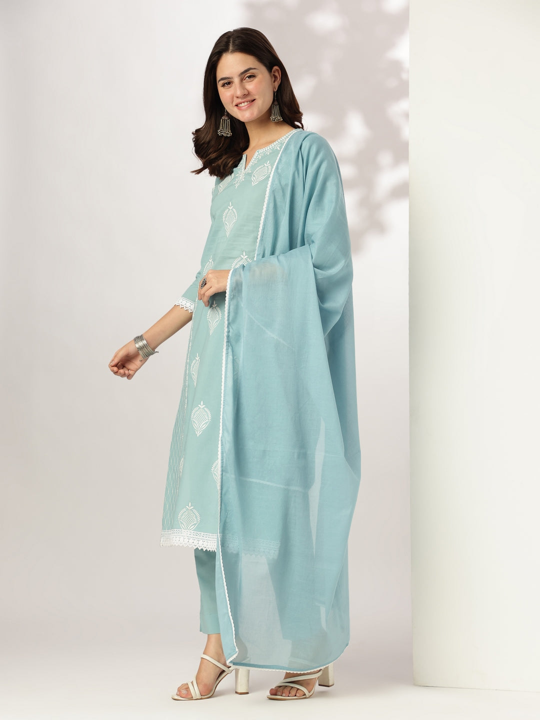 Janasya Women's Light Blue Pure Cotton Embroidered Straight Kurta Set