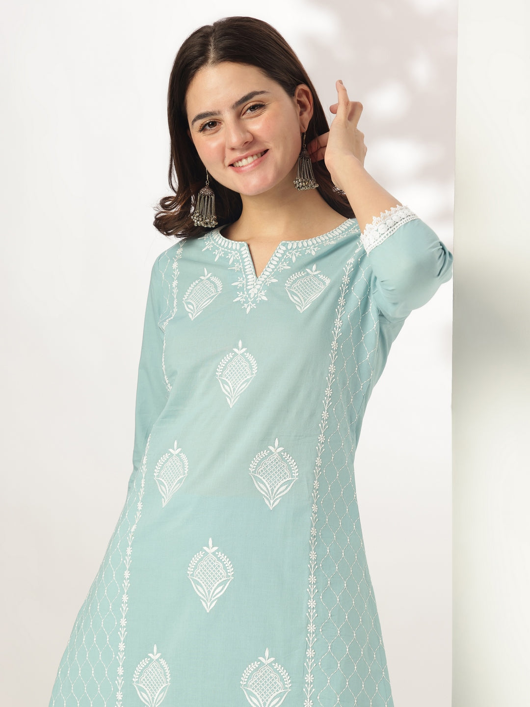 Janasya Women's Light Blue Pure Cotton Embroidered Straight Kurta Set