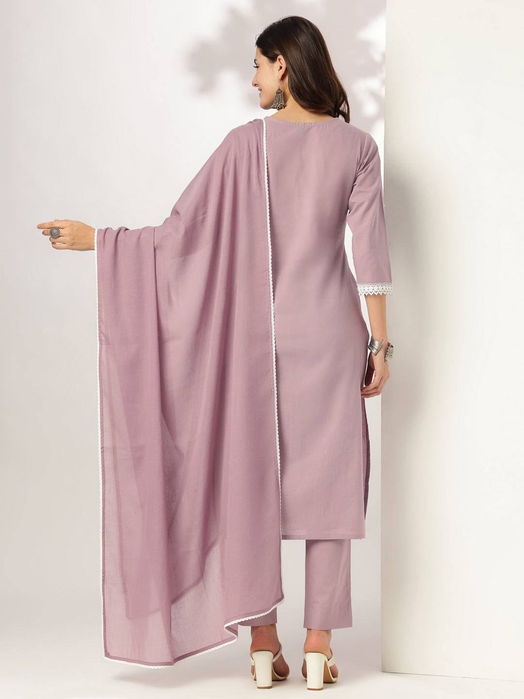 Janasya Women's Light Purple Pure Cotton Embroidered Straight Kurta Set