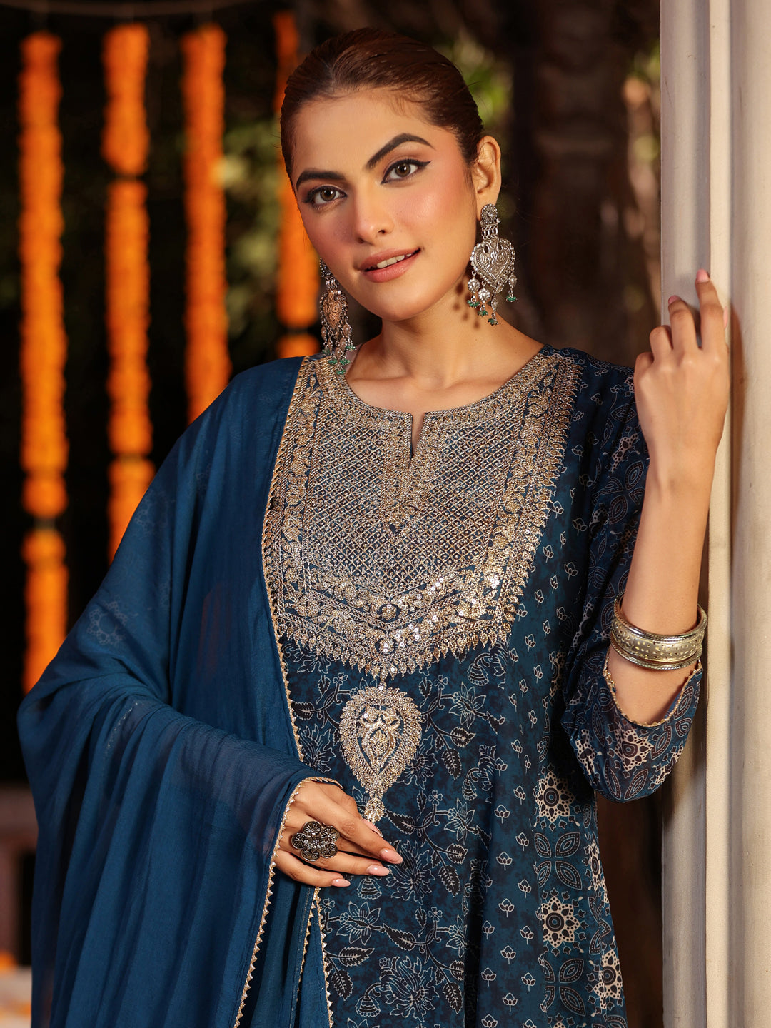 Janasya Women's Dark Blue Georgette Ajrakh Printed Embellished Anarkali Kurta Set