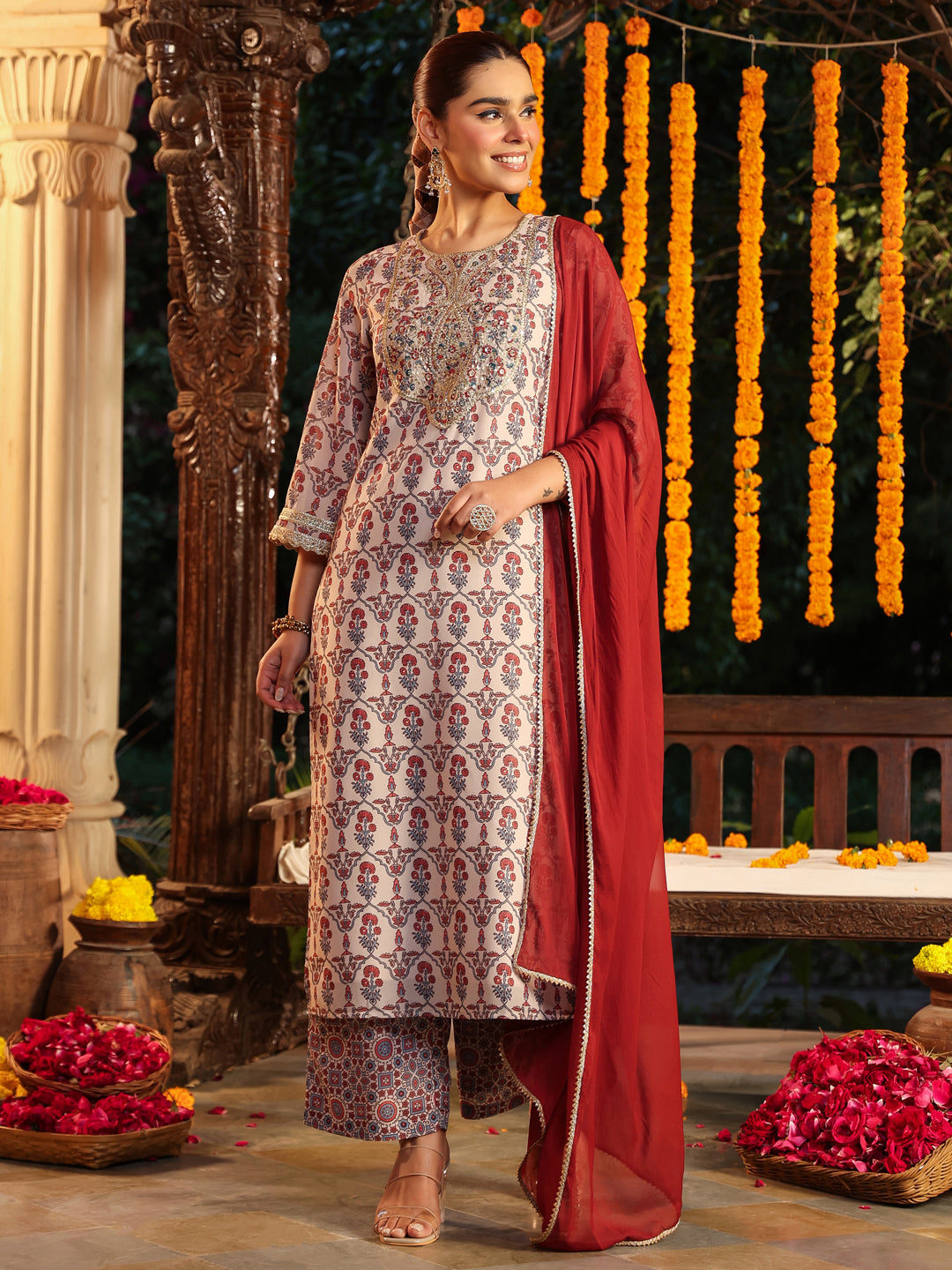Janasya Women's Cream Georgette Yoke Zari Embroidered Ajarakh Printed Straight Kurta Set
