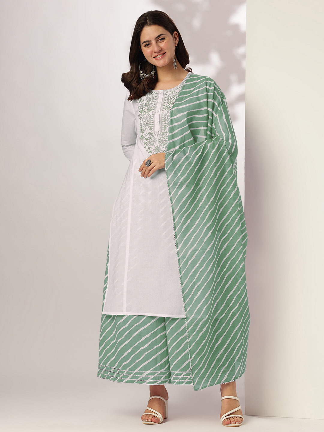 White & Sage Green Pure Cotton Yoke Embroidered Straight Kurta Set