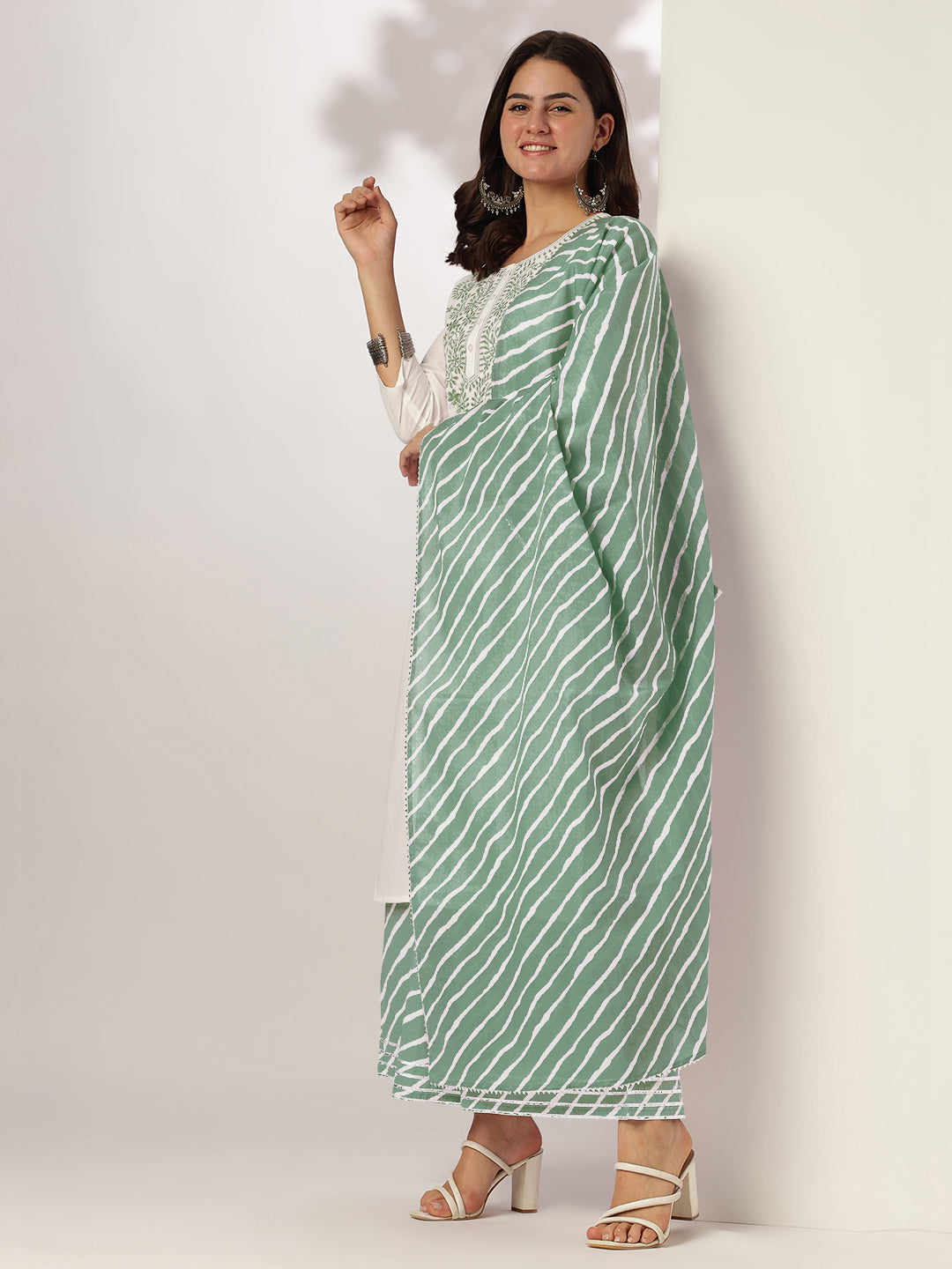 White & Sage Green Pure Cotton Yoke Embroidered Straight Kurta Set