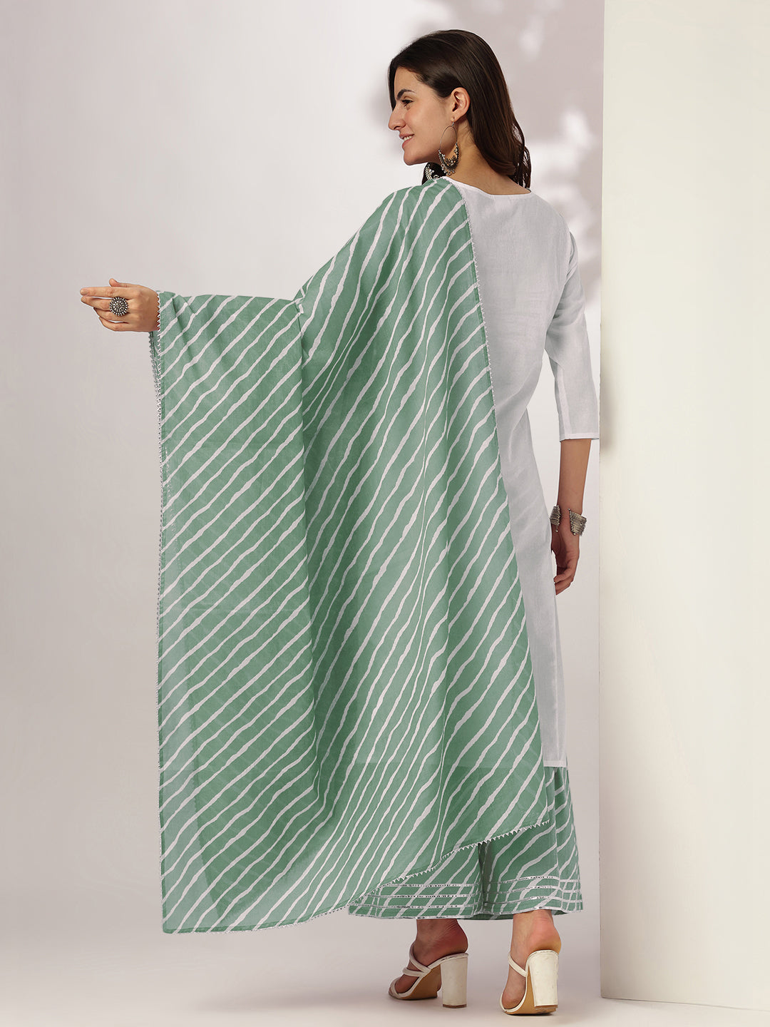 White & Sage Green Pure Cotton Yoke Embroidered Straight Kurta Set