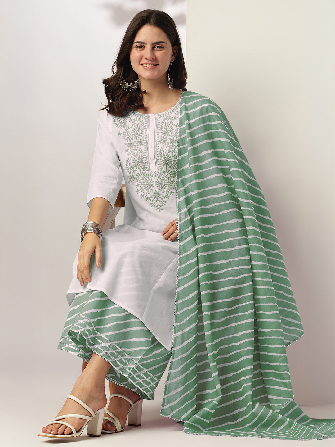 White & Sage Green Pure Cotton Yoke Embroidered Straight Kurta Set