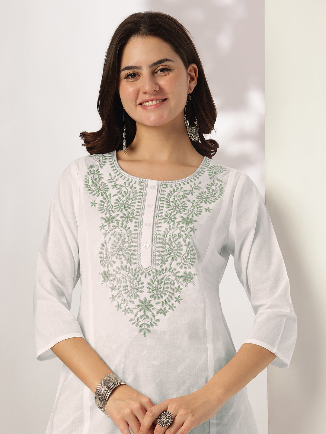 White & Sage Green Pure Cotton Yoke Embroidered Straight Kurta Set