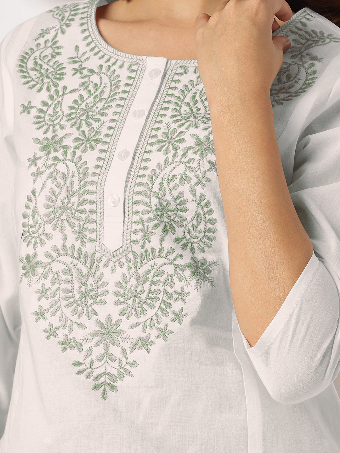 White & Sage Green Pure Cotton Yoke Embroidered Straight Kurta Set