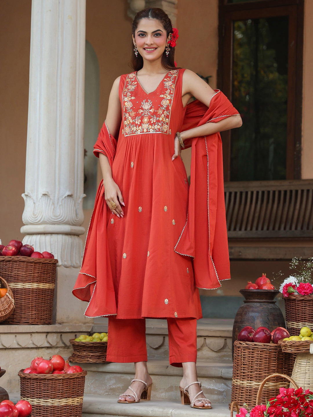 Janasya Women's Rust Pure Cotton Embroidered A-line Kurta Set