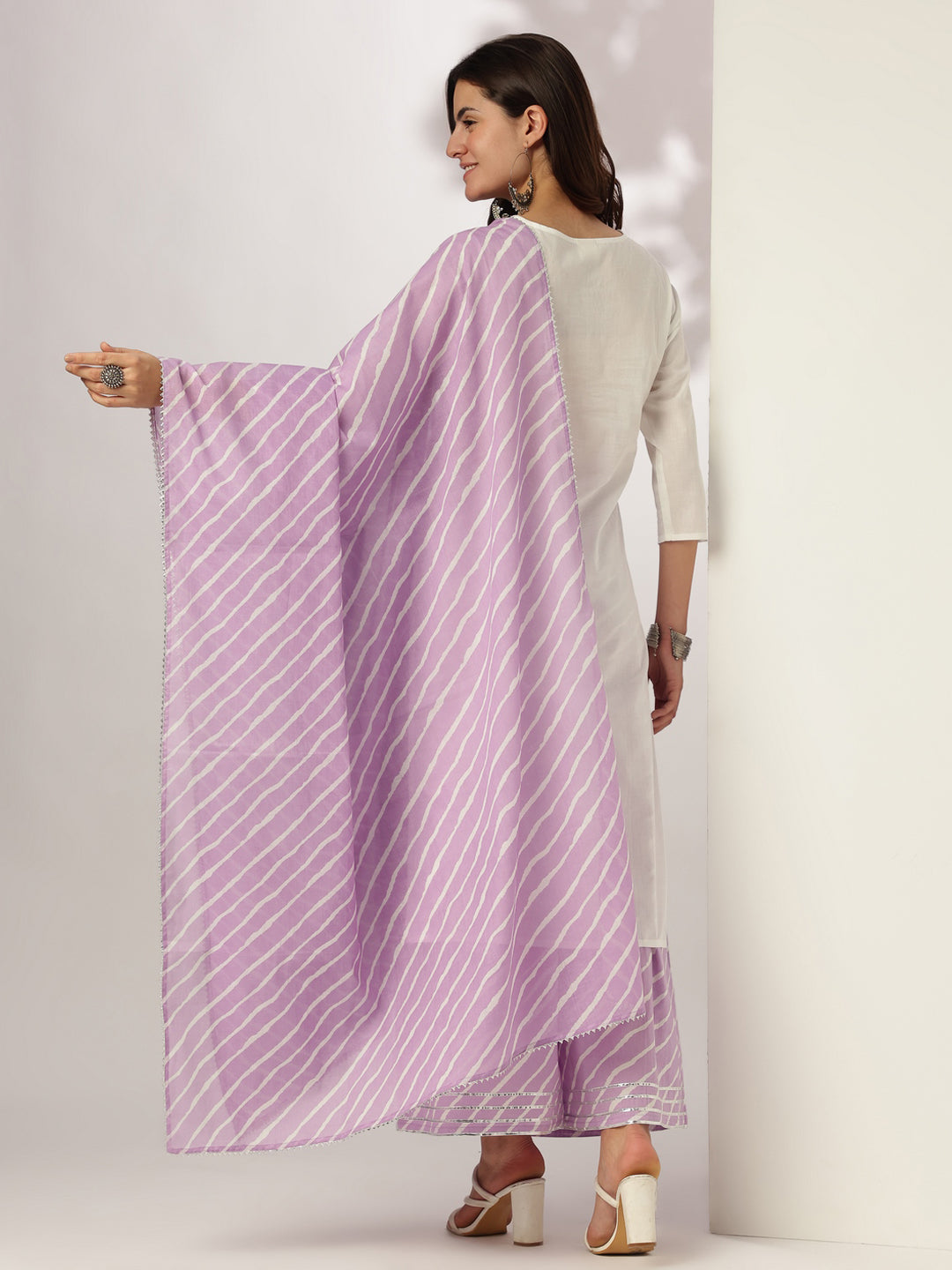 White & Lavender Pure Cotton Yoke Embroidered Straight Kurta Set