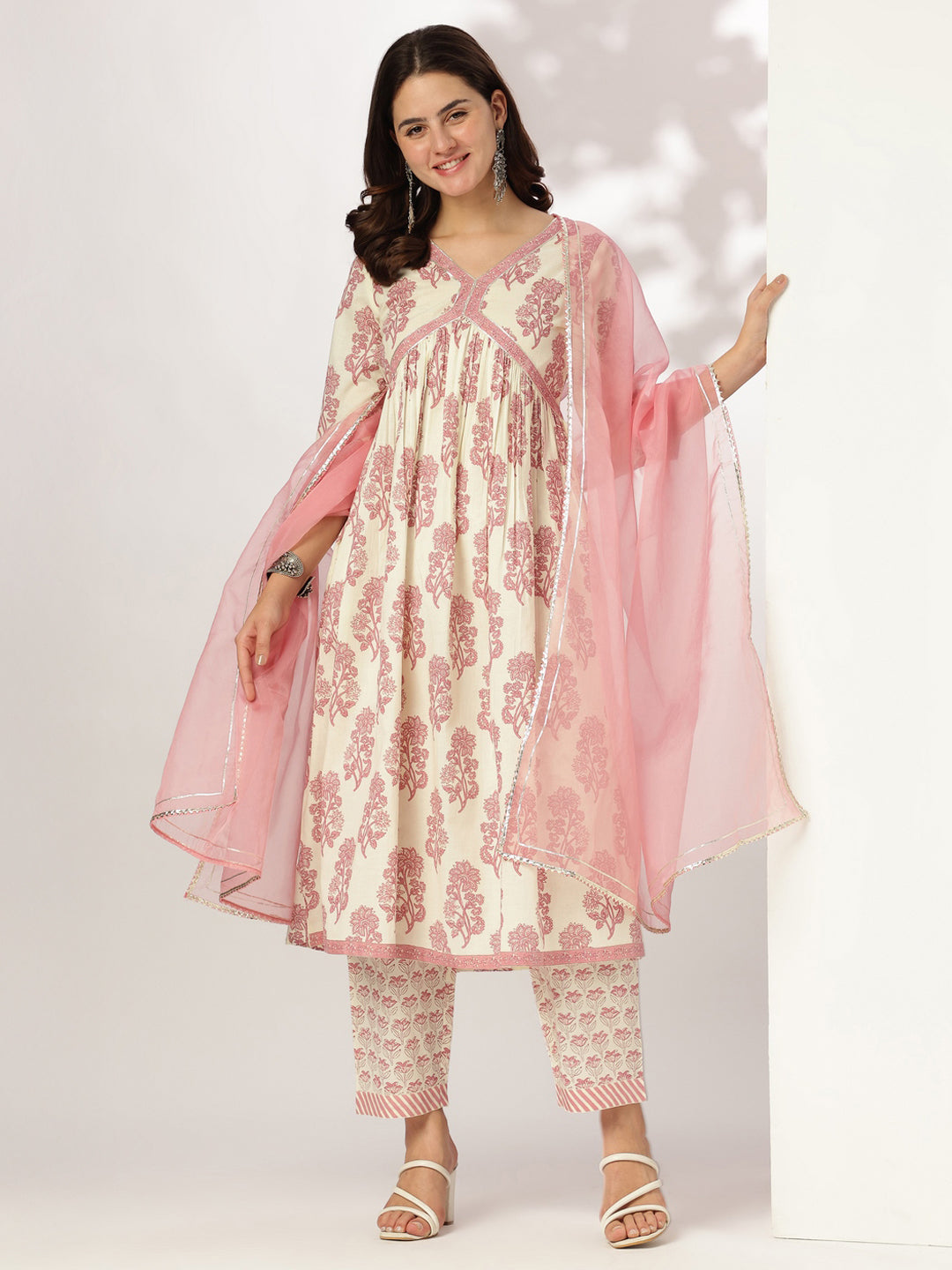 Cream & Pink Pure Cotton Floral Printed A-line Kurta Set