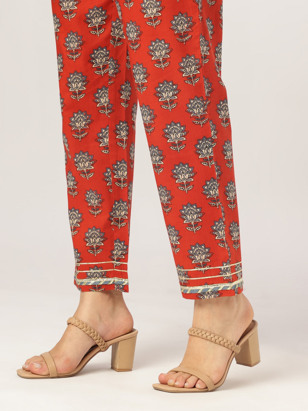 Red Pure Cotton Floral Printed Yoke Embroidered Straight Kurta Set