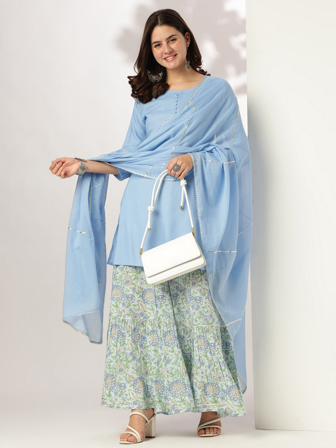 Light Blue Pure Cotton Solid Straight Kurta with Printed Sharara Set